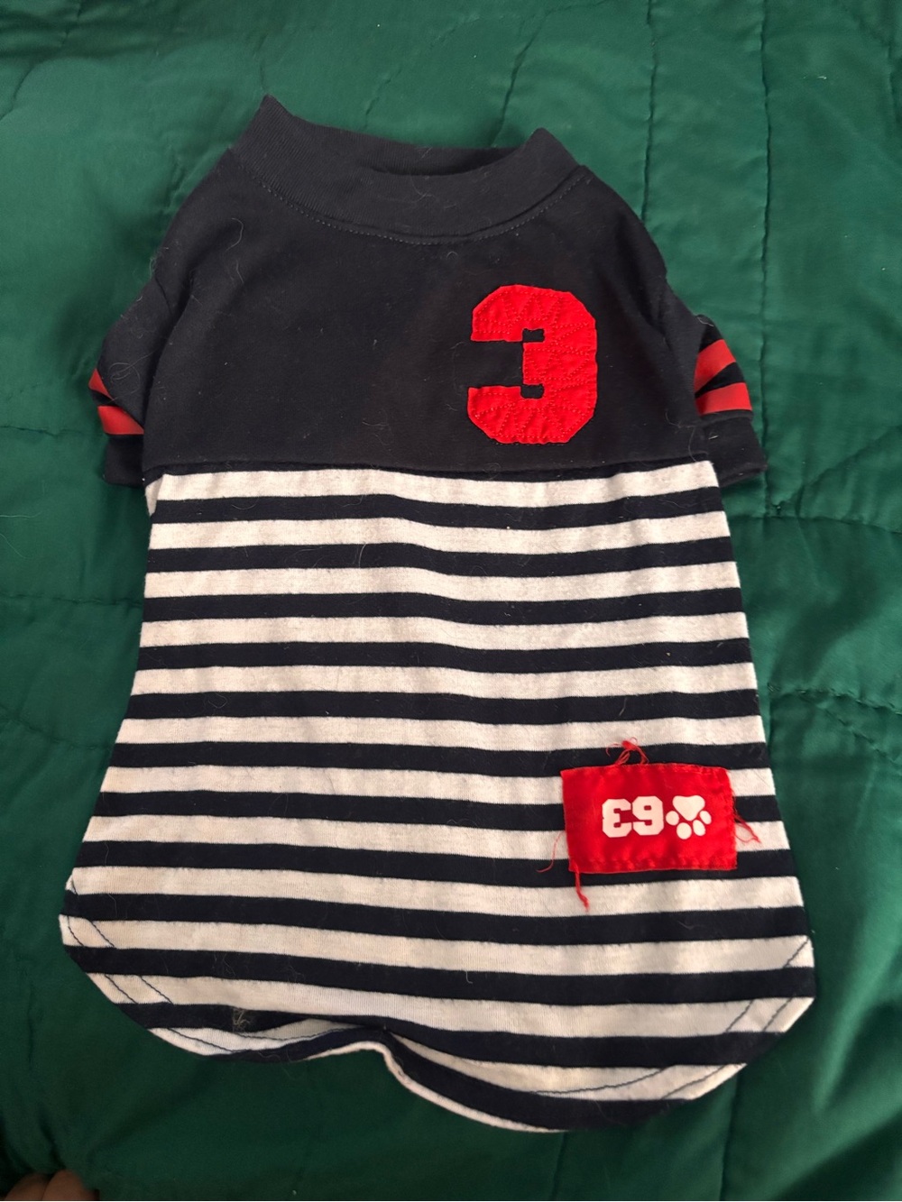 Navy & White Stripe Dog Tee with Red Accents